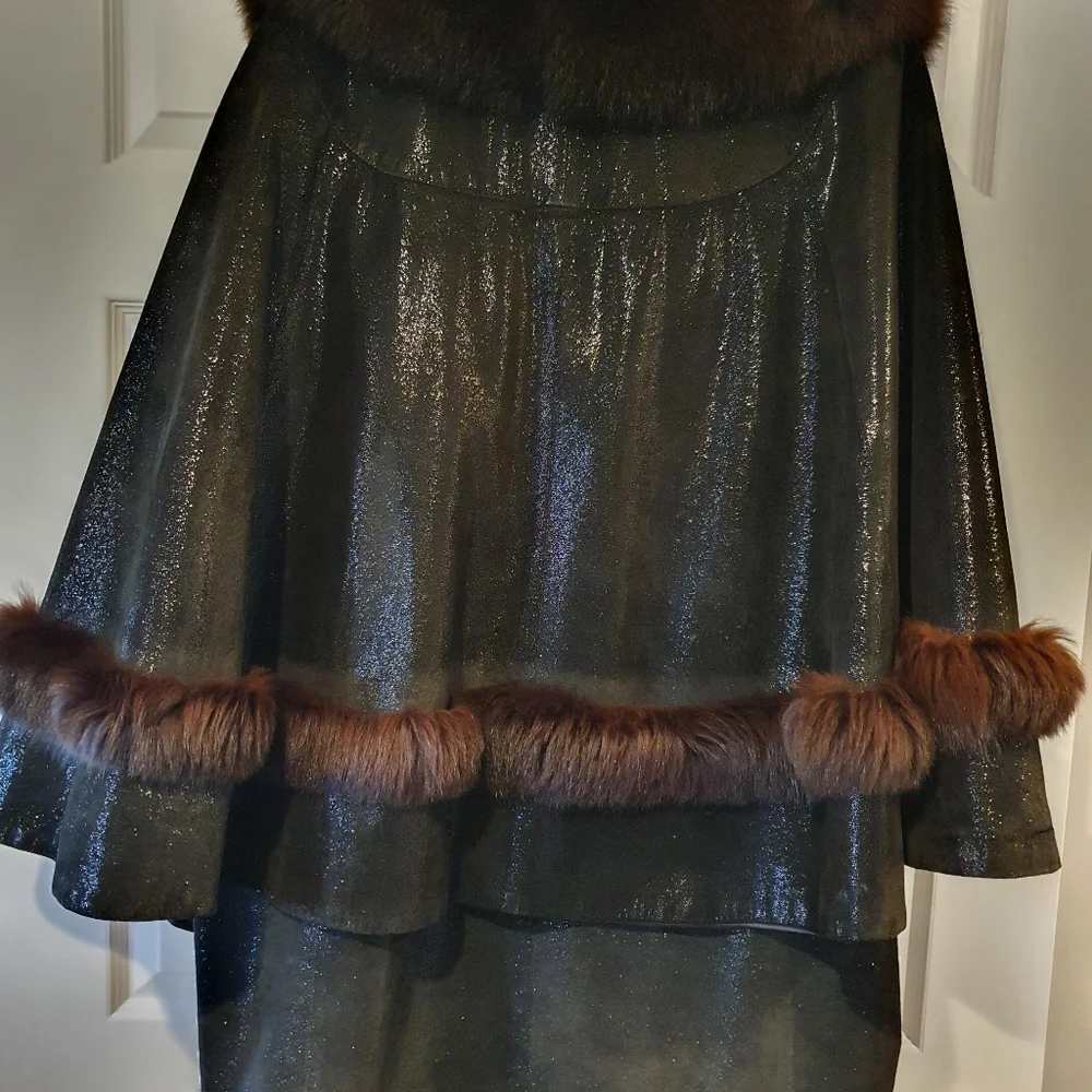 leather and fox fur trim women cape,coat, jacket, size L-XL - Picture 5 of 10